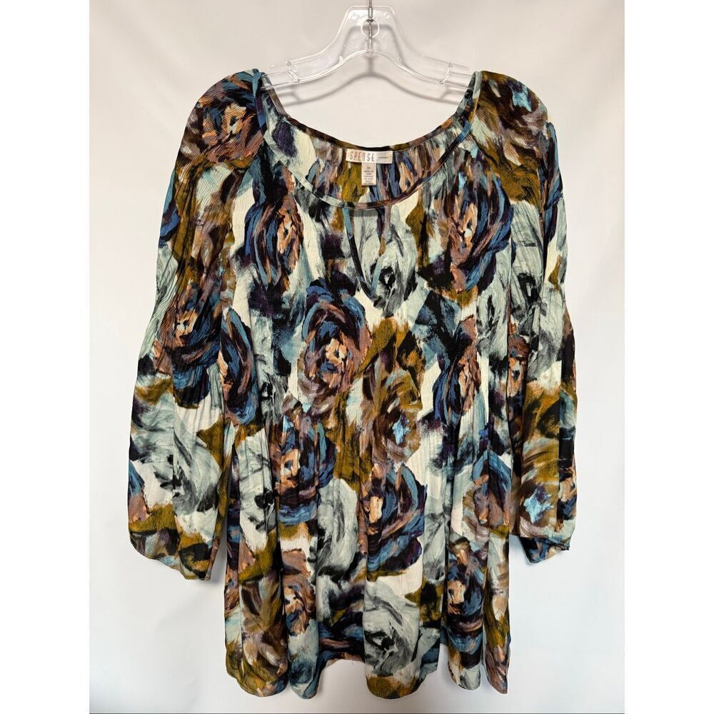 Spense Women watercolor floral Tunic Baby Doll Top Bell Sleeves Loose Fit blouse